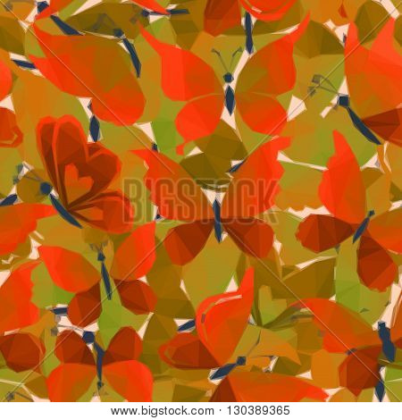 Pattern of Red and Green Butterflies with Opened Wings, Low Poly Colorful Polygonal Background. Vector