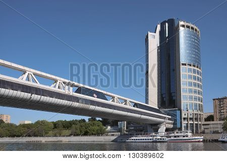 MOSCOW, RUSSIA - MAY 13, 2016: View of the bridge Bagration a marina and Tower 2000 Moscow International Business Center