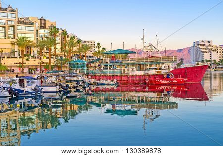 EILAT ISRAEL - FEBRUARY 23 2016: The scenic views of the port make it one of the most romantic places in resort on February 23 in Eilat.