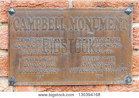 BAVIAANSKLOOF SOUTH AFRICA - MARCH 6 2016: A memorial plaque for people who died in a flood in 1916 in the Baviaanskloof (baboon valley).