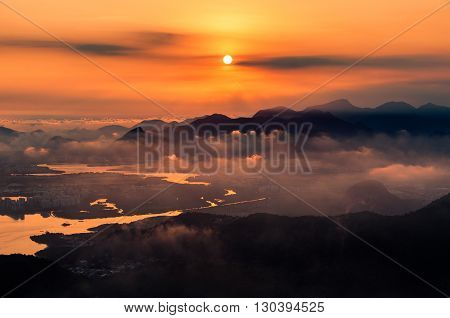 Barra da Tijuca Aerial view by Sunset in Rio de Janeiro, Brazil