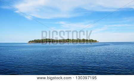 View of a flat Island from the Andaman Water Sports Complex, Port Blair, India.