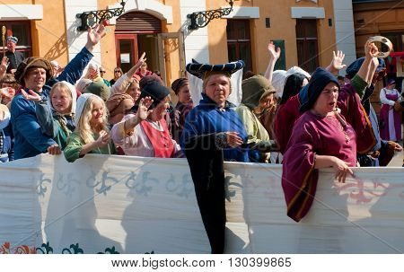 TURKU FINLAND 30 JUNE: The Medieval Market of Turku is historical reenactment event and includes a handicrafts market with participants garbed in period costumes on june 30 2013 in Turku Finland.