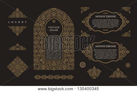 Arabic vector set of frames and lines of art design template. Muslim gold outline elements and emblems. Eastern floral frame. Logos line pattern for menu, postcard, restaurant, wedding invitation