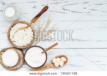 Soft homemade fresh ricotta cottage cheese made from milk draining on muslin cloth. Tzfat cheese with wheat grains. Symbols of judaic holiday Shavuot.