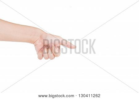 The man's hand touch something on whitebackground