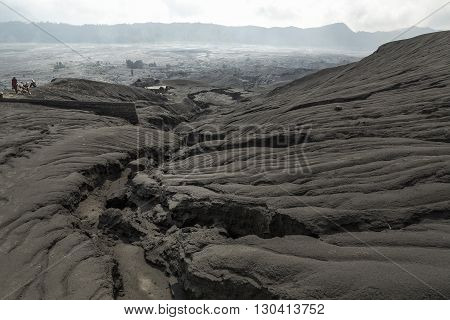 Black sand dune in Mount Bromo Volcano in East Java Indonesia. Bromo Tengger Semeru National Park East Java Indonesia