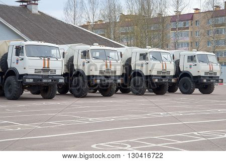LENINGRAD REGION, RUSSIA - MAY 05, 2015: KAMAZ-43114 rescue center EMERCOM of Russia in the parking lot