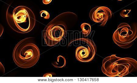 glowing red orange curved lines and sircles flowers over dark Abstract Background. seamless Illustration pattern