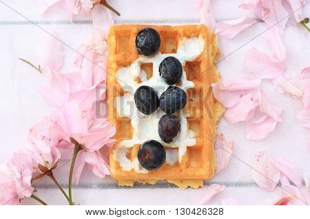 Freshly baked belgium waffles on romantic wooden taable with pink cherry flowers