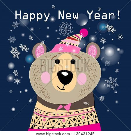 Graphic portrait bears on the background with snowflakes