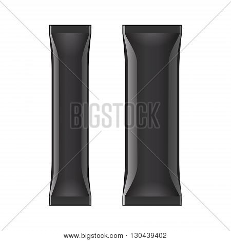 Black Blank Foil Packaging Stick Medicine Drugs Or Chewing Gum, Coffee, Salt, Sugar, Spices, Sachet, Sweets, Candy. Isolated Mock Up Template Ready For Your Design. Product Packing Vector EPS10