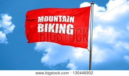 moutain biking, 3D rendering, a red waving flag