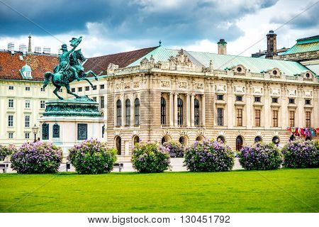 Heldenplatz with Archduke Charles monument and Hofburg palace in Vienna