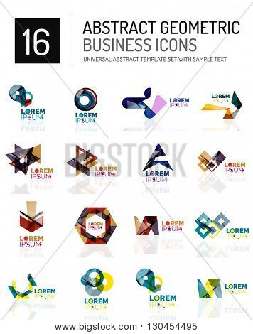 Abstract geometric business logo icon set. Colorful geometrical figure compositions with light effects - triangles circles rings arrows lines