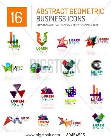 Abstract geometric business logo icon set. Colorful geometrical figure compositions with light effects - triangles circles rings arrows lines