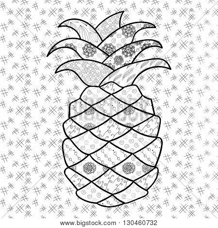 Pineapple adult coloring page. Zentangle Inspired whimsical line art vector illustration.