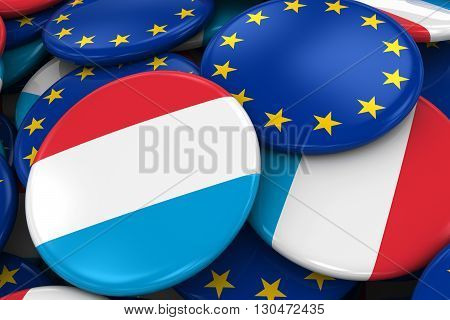 Flag Badges Of Luxembourg And Europe In Pile - Concept Image For Luxembourgian And European Relation