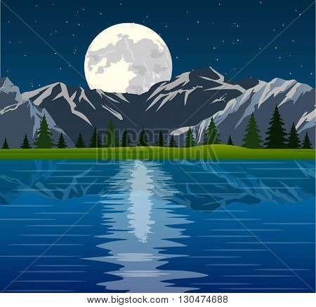 Full moon and group of pine trees reflected in calm still water with mountains on a night starry sky