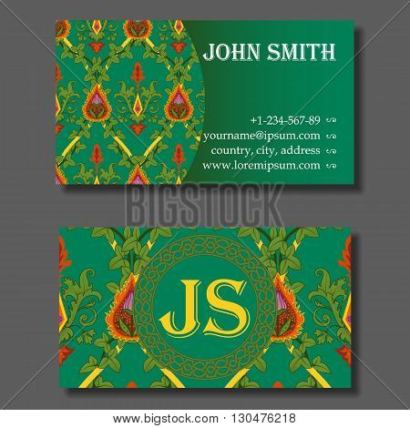 Business card template, green and orange vintage pattern with ivy, leafs and fire flowers. Vector illustration