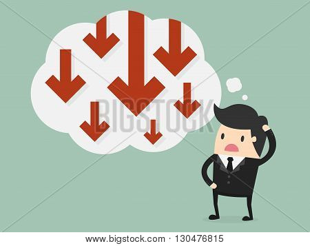 Business failure. Young worried businessman thinking about business graph with negative trend