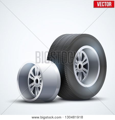 Complect Car tires and wheel at warehouse. Vector Illustration isolated on white background
