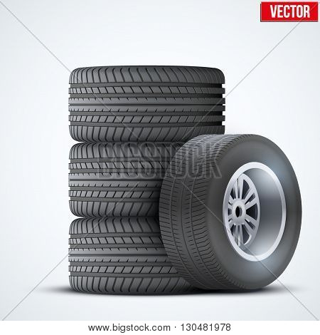 Complect Car tires and wheel at warehouse. Vector Illustration isolated on white background