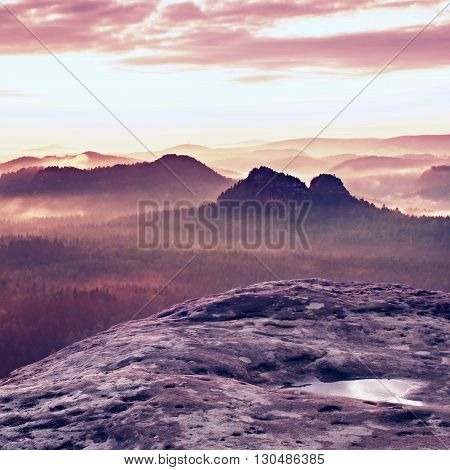 Kleiner Winterberg View. Fantastic Dreamy Sunrise On The Top Of The Rocky Mountain With The View Int