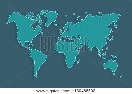 Abstract world map in dark and light turquoise, continents floating with shadows in ocean.
