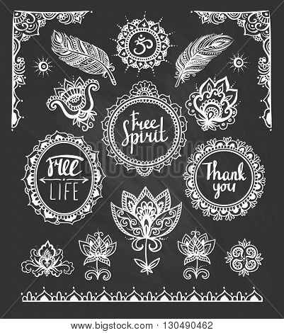 Set of Ornamental Boho Style Frames and elements. Vector illustration.