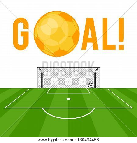 Goal football gold ball soccer design and gates on the field. Vector illustration flat style isolated on white background