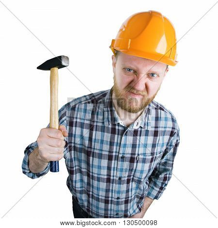 Angry builder in a helmet with a hammer