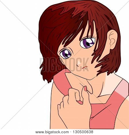 Lonely anime manga cartoon girl on white background