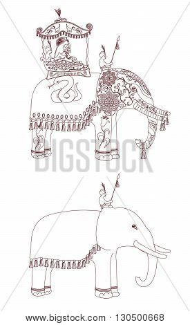 corated Indian Elephant contour. King and servants on elephants