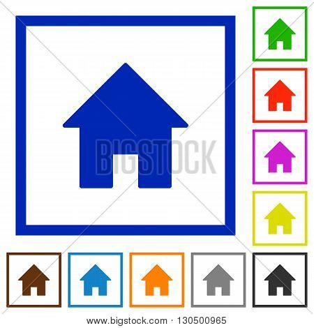 Set of color square framed home flat icons on white background