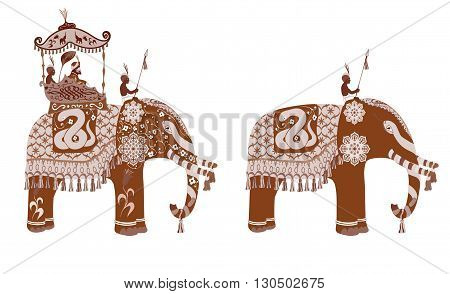 Vector decorated Indian Elephant silhouette.King and servants. Sepia and vintage design.