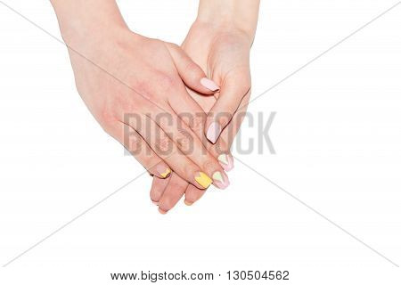 Female Manicure, Women's Hands On A White Background
