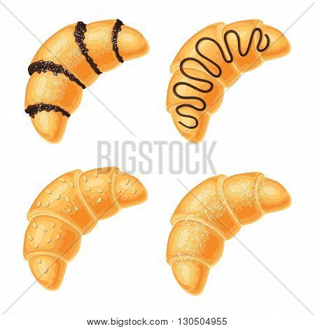 Set of croissants with chocolate, nuts and powdered sugar range, isolated on a white background. Vector illustration for web design or print brochures