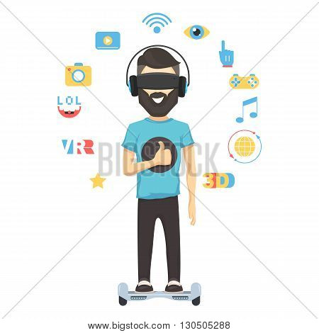 Man with virtual reality headset goggles. Sign set web media and play. VR concept Vector cartoon illustration
