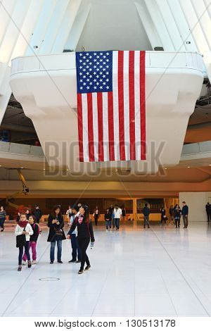 New York, NY, USA - April 17, 2016: US Flag inside of World Trade Center Transportation Hub.