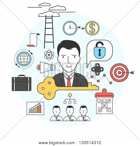 business leader idea is the key to success, career growth, the strategy of the winner. Modern flat line vector illustration concept set of elements for your design