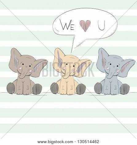 Hand drawn cute post Card with elephants.