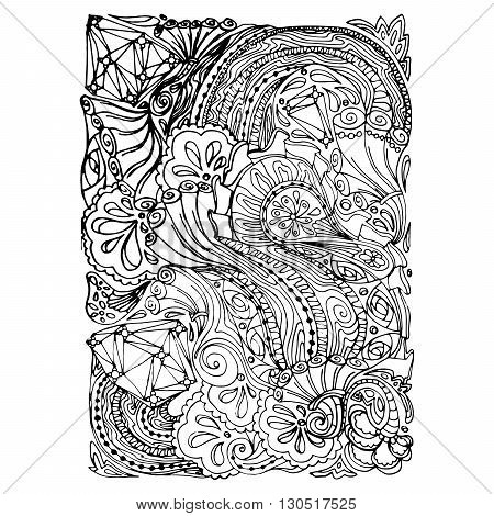 Monochrome Floral Pattern Vector. Hand Drawn Texture with Flowers. Can be used for coloring book page design, anti stress hobby for adult.Vector black and white illustration.