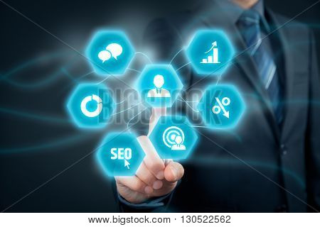 Marketing specialist concept. Businessman (personnel) click on marketer (marketing specialist).