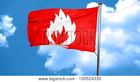 Flammable hazard sign, 3D rendering, a red waving flag