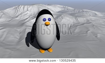 A 3D illustration of a penguin standing on a snow covered landscape.
