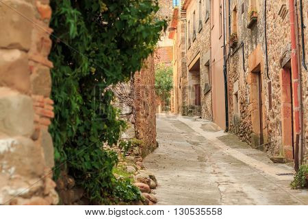 Deserted ancient street in medieval village, wide view