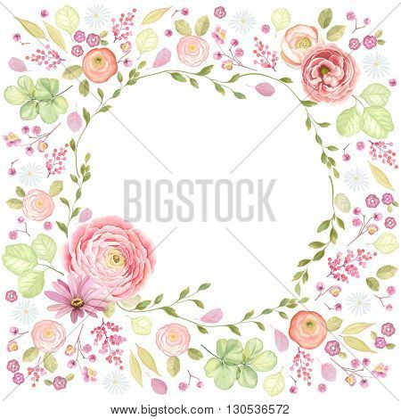 Square frame made of flowers and leaves with window, vector floral illustration with butterfly in vintage watercolor style.