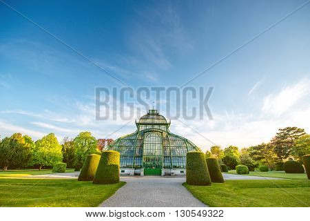 VIENNA, AUSTRIA - CIRCA APRIL 2016: Palmenhaus in Schonbrunn gardens in Vienna. This greenhouse is the largest botanical exhibits of its kind in the world
