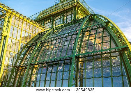 VIENNA, AUSTRIA - CIRCA APRIL 2016: Arcgitectural fragment of Palmenhaus in Schonbrunn gardens in Vienna. This greenhouse is the largest botanical exhibits of its kind in the world